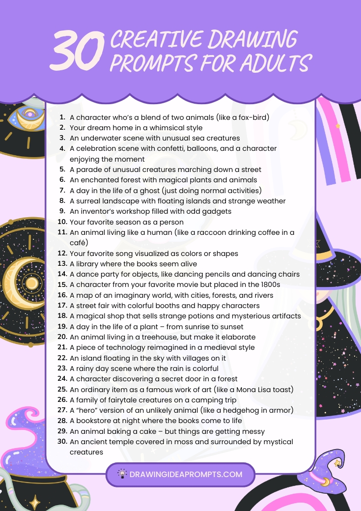 list of creative drawing prompts for adults