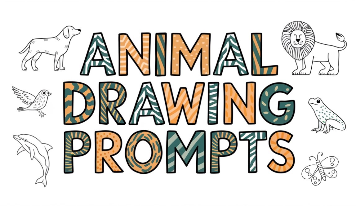 Animal Drawing Prompts with animal patterns in the letters and small sketches around the text