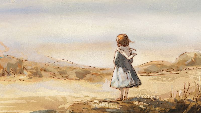 a watercolor painting of a little girl standing in a field