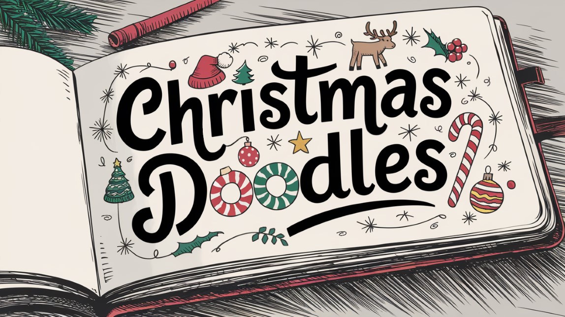 an open artist's sketchbook with the text Christmas doodles written artistically on the spread and doodles around the text, including a candy cane, reindeer, and christmas decorations