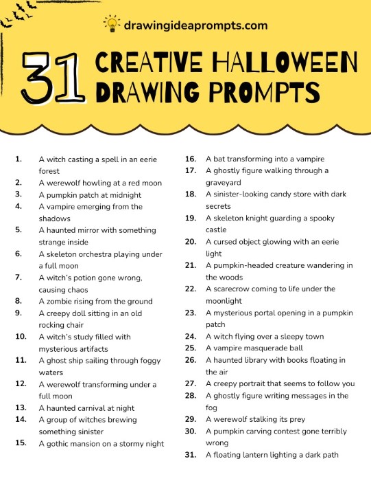 list of creative halloween drawing prompts