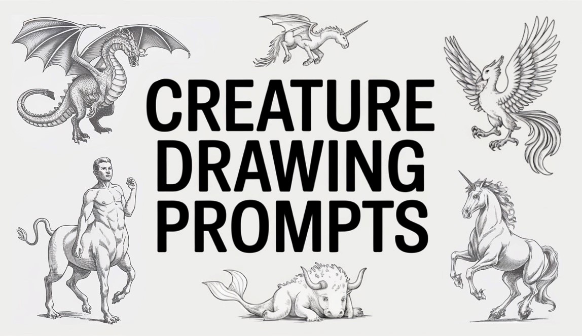 Creature Drawing Prompts featuring small sketches of unreal creatures