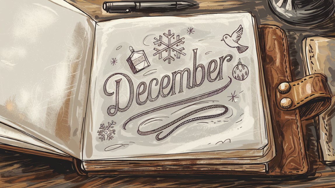 an open artist's sketchbook with the text December written artistically and doodles around the text, including a snowflake, bird, and Christmas decorations