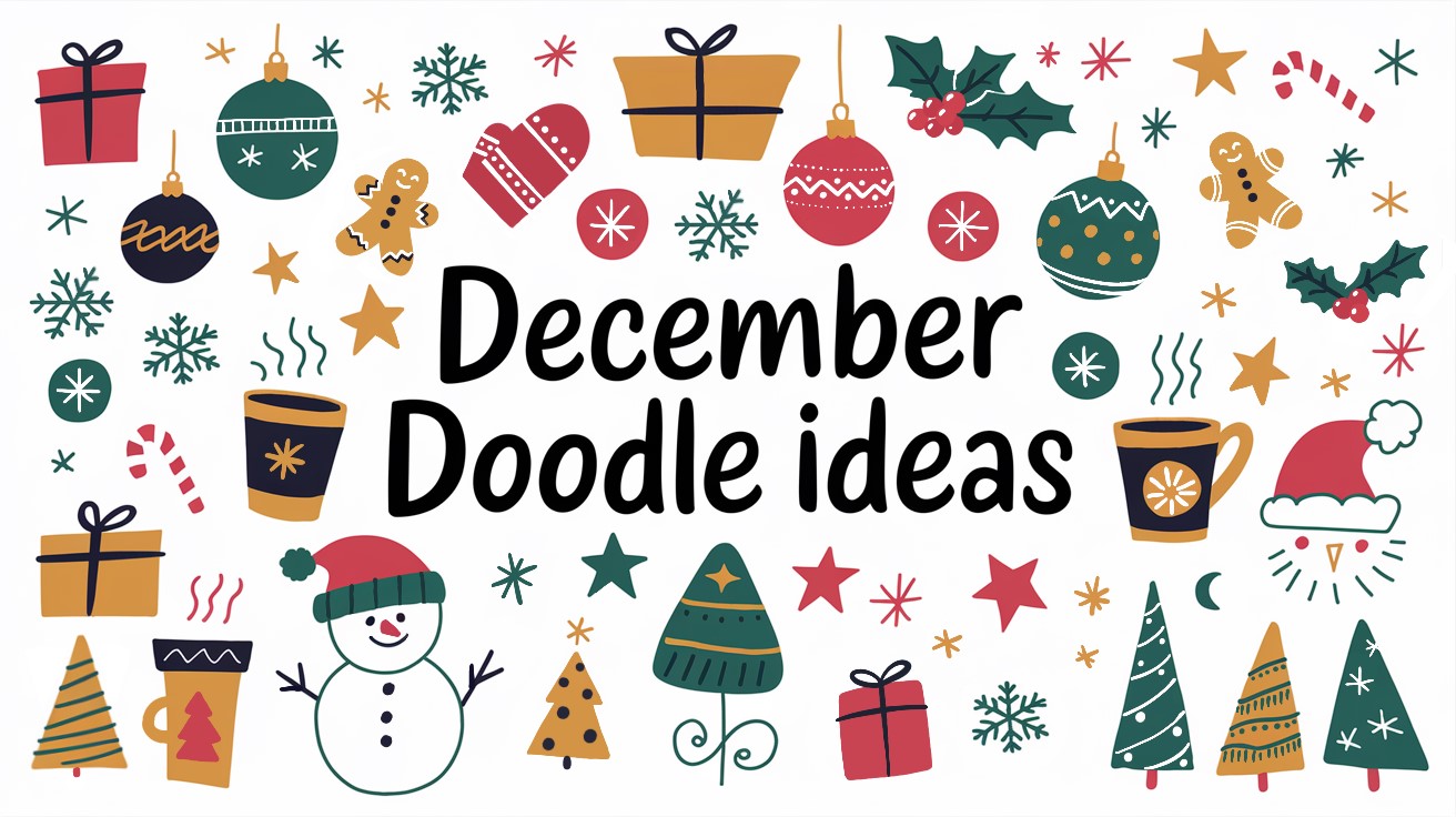 text December Doodle Ideas with small sketches of different winter-related items, including gift boxes, gingerman cookies, ornaments, hot cups, candy canes, stars, snowflakes, cones, a snowman, and santa's hats