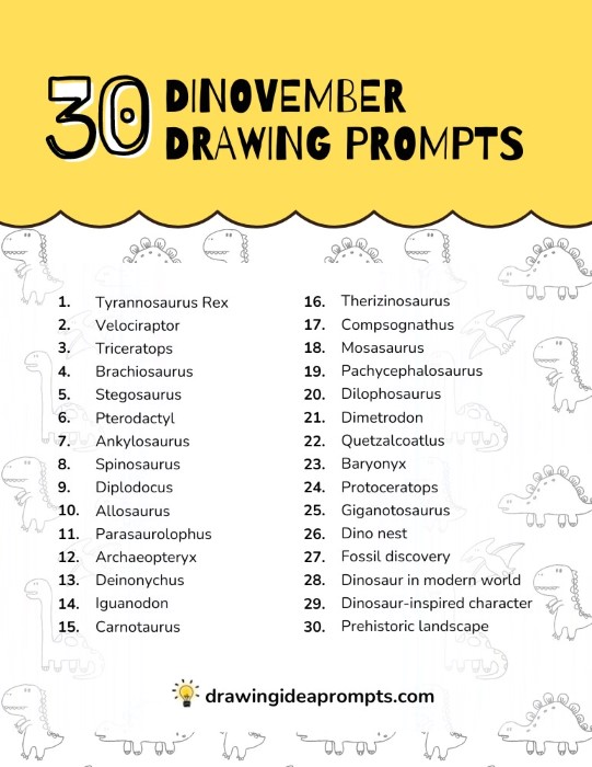 list of 30 dinovember drawing prompts