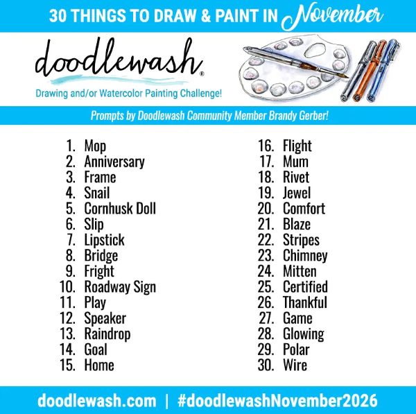 Doodlewash november 2026 watercolor challenge prompts