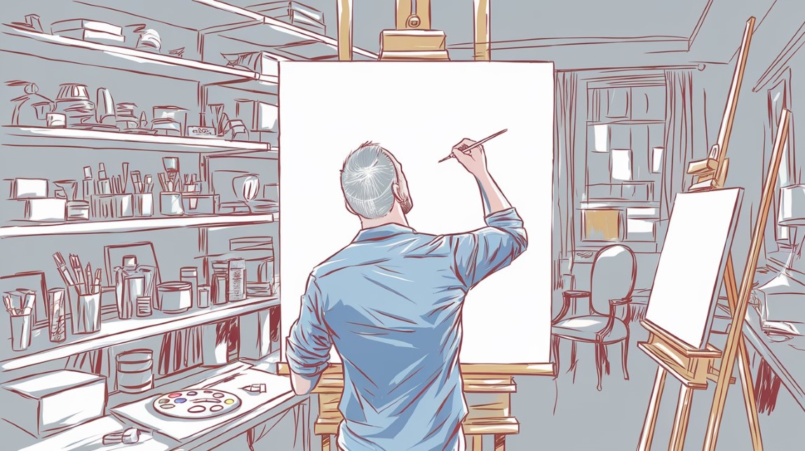 an adult artist ready to start drawing on a big canvas in his work room