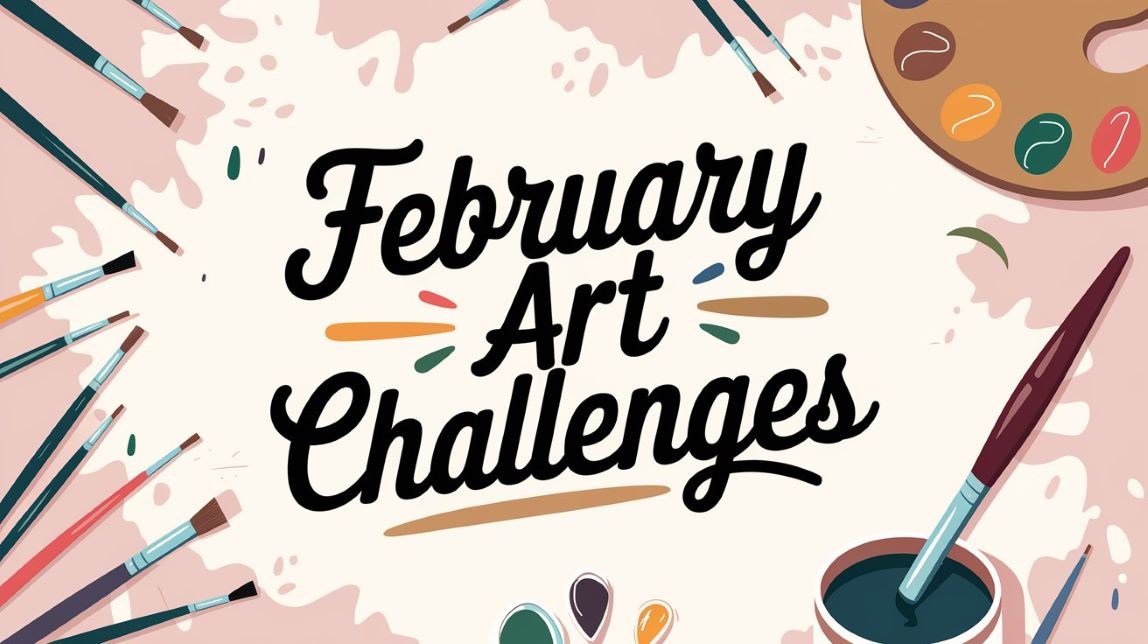 text February Art Challenges with various art supplies scattered around