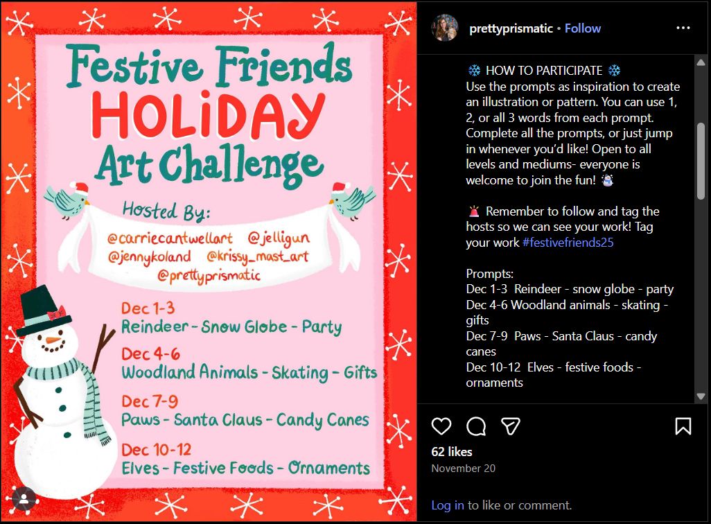 Festive Friends Holiday Art Challenge rules and prompts 2025