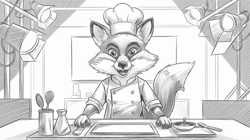 a sketch of a fox hosting a cooking show