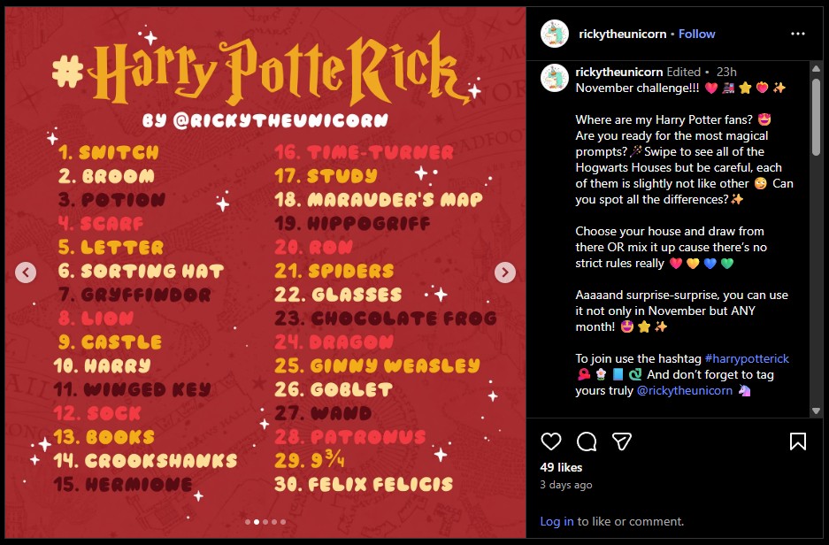 HarryPotteRick november challenge drawing prompts 2025