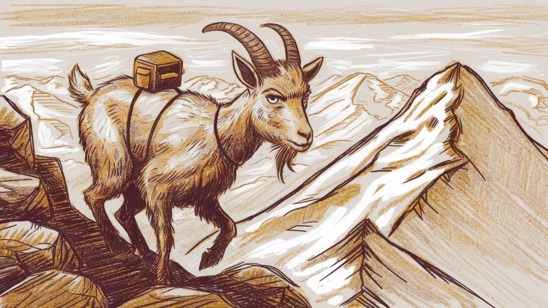 a sketch of a goat hiking in the mountains