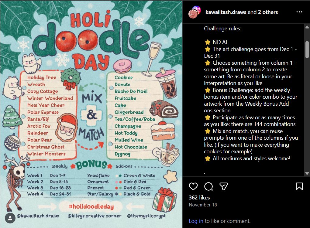 Holi-Doodle-Day december art challenge rules and prompts 2025