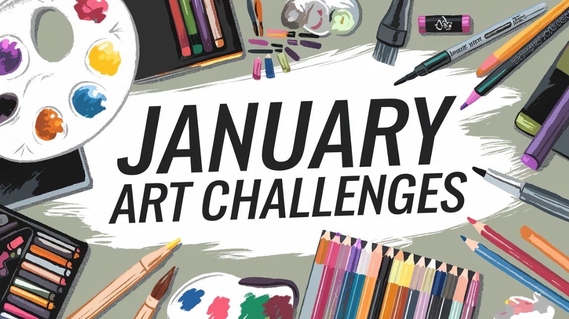 January Art Challenges with various art supplies scattered around