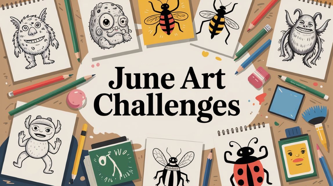 text June Art Challenges centered with a collection of sketches showcasing various art challenges, including Kaijune and Junebug