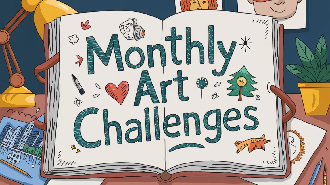 image of an artist's sketchbook with a phrase monthly art challenges and some doodles written on the spread