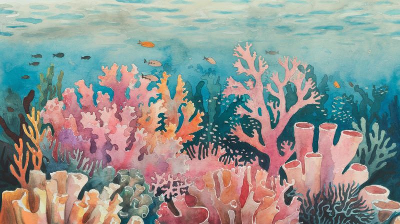 a watercolor painting of a coral reef with small fish swimming around