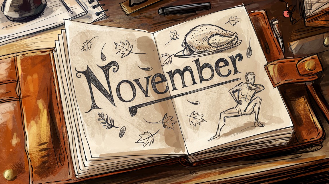 image of an artist's sketchbook with november-themed drawings for november art challenges