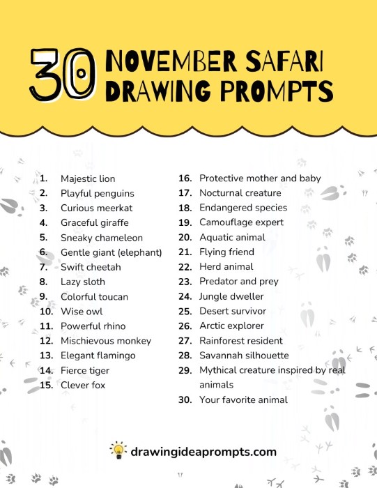 list of 30 november safary drawing prompts