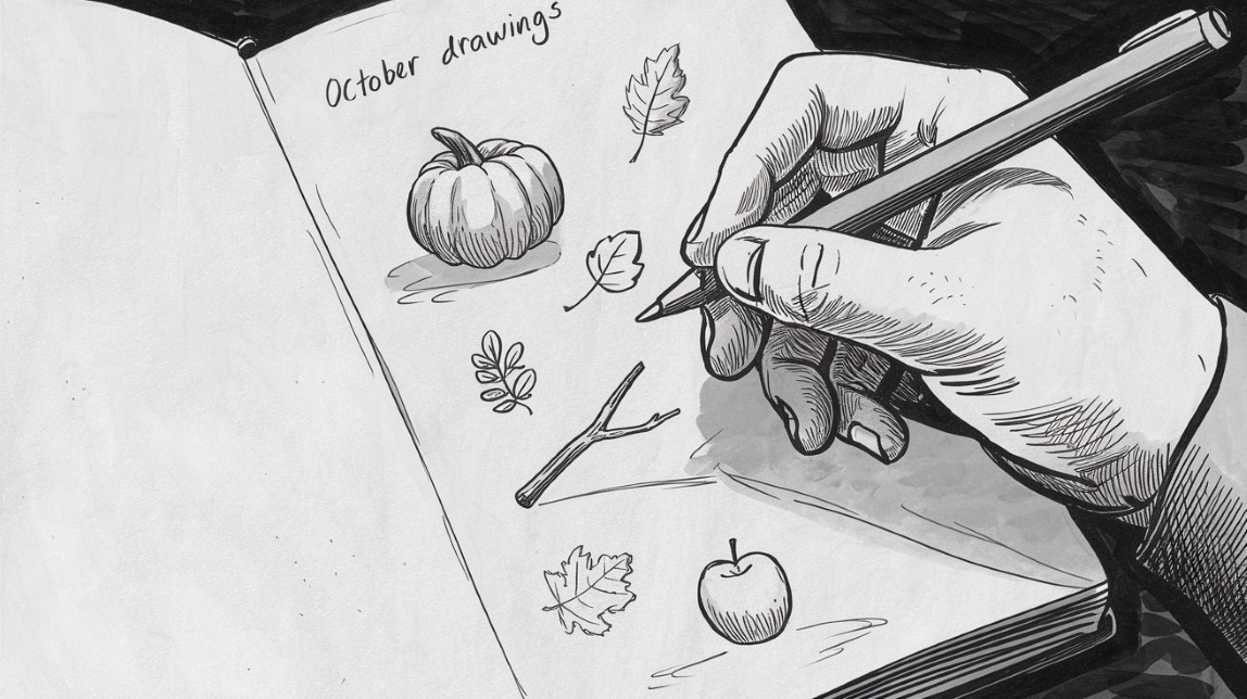 image of an artist's sketchbook with october-themed doodles