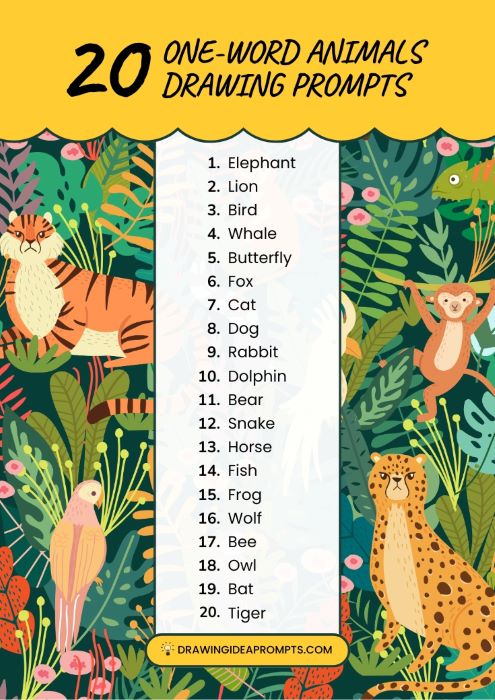 list of one-word animals drawing prompts