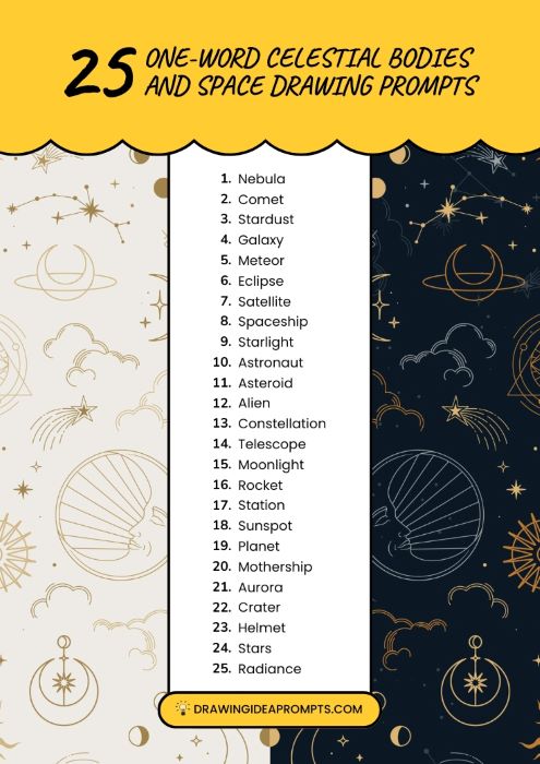 list of one-word celestial bodies and space drawing prompts