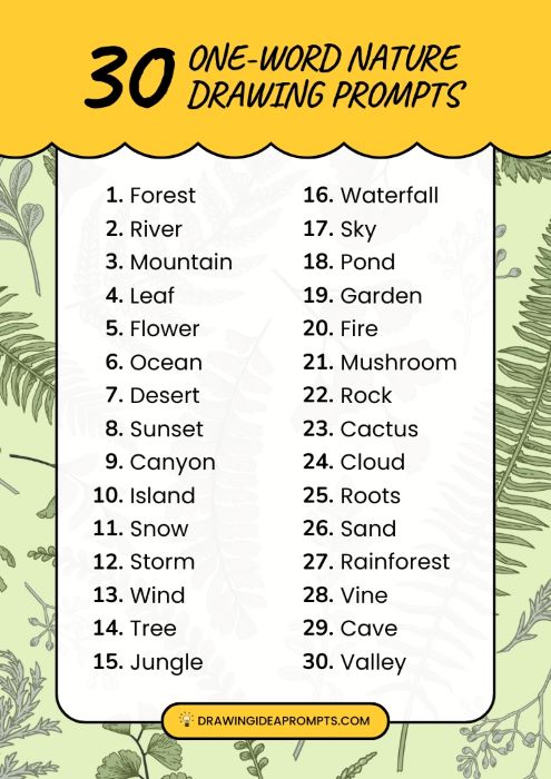 list of one-word nature drawing prompts