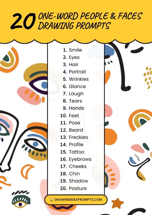 list of one-word people and faces drawing prompts