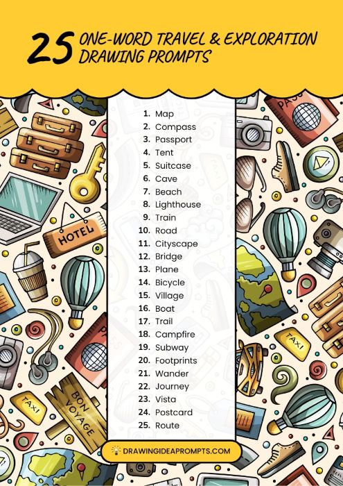 list of one-word travel and exploration drawing prompts