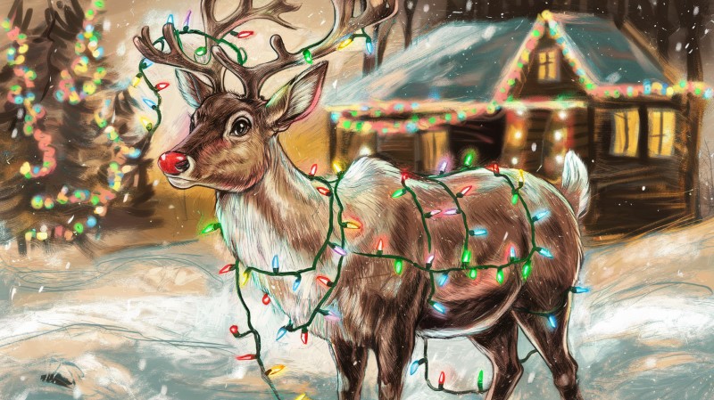 a sketch of a raindeer tangled in christmas lights