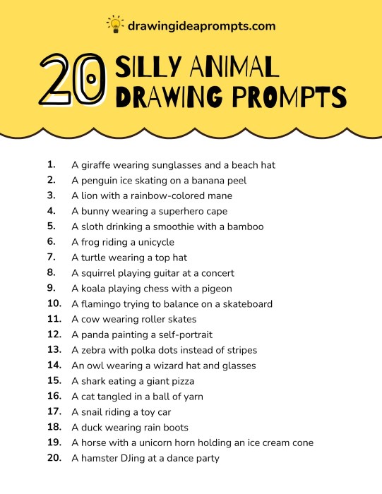 list of silly animal drawing prompts