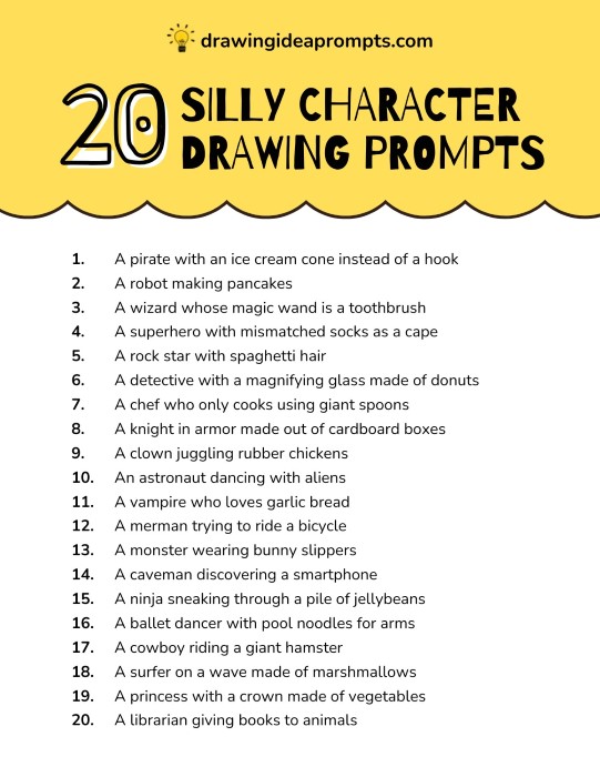 list of silly character drawing prompts