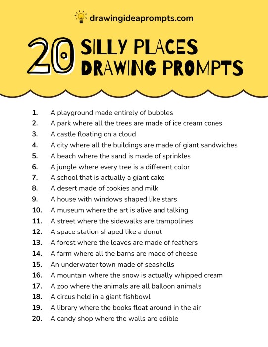 list of silly places drawing prompts