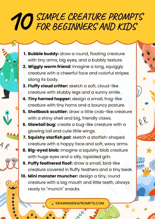 list of simple creature prompts for beginners and kids