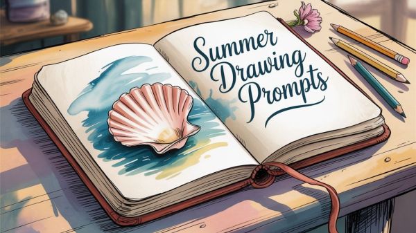 sketchbook with a pencil sketch of a pearlescent seashell and the words Summer Drawing Prompts near the top edge