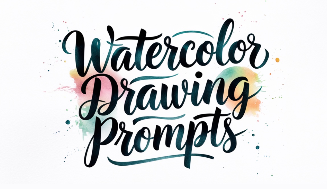 text Watercolor drawing prompts written in a calligraphy style and small watercolor splatters around