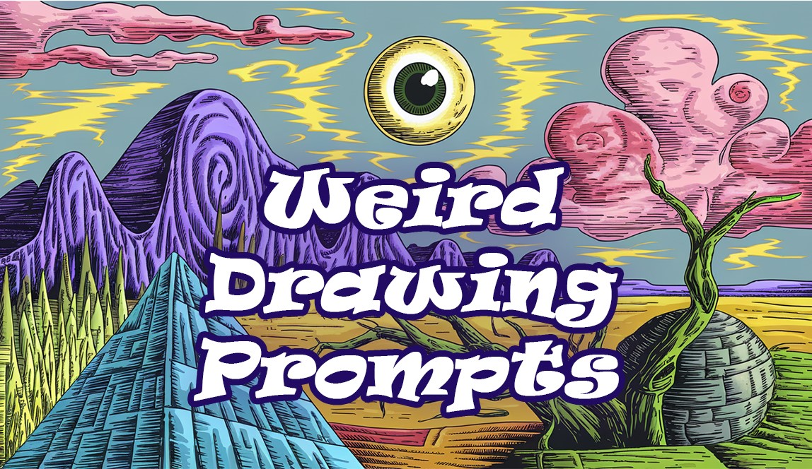 a text weird drawing prompts with a drawing of a weird landscape with a large, round, yellow eye in the sky in the background