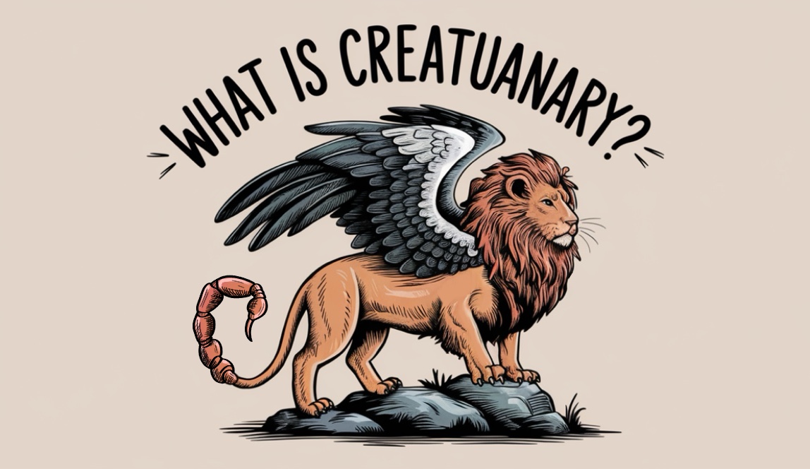 creature with the body of a lion, the wings of an eagle, and the tail of a scorpion with the text What is creatuanary above it