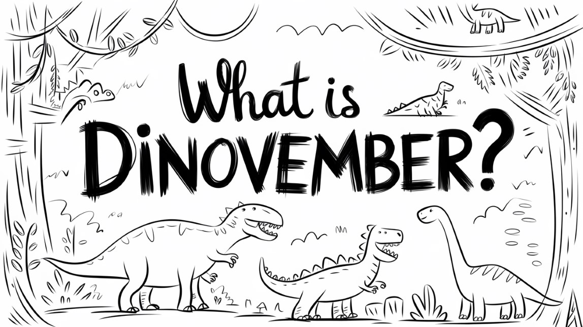 drawn jungle with various dinosaurs and a text What is Dinovember? written artistically