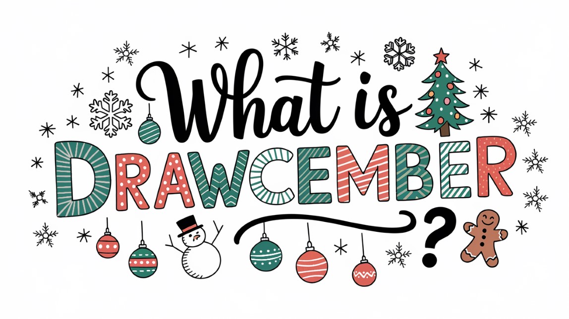 the text what is drawcember written in an artistic style with doodles of snowflakes, ornaments, a snowman, a Christmas tree, and a gingerbread man around the text