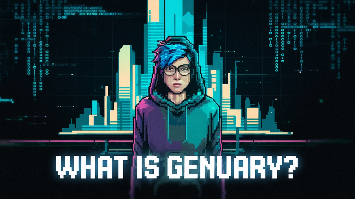 digital art piece with the text What is Genuary and a pixel art illustration of a person with blue hair wearing a hoodie and glasses in front of a futuristic cityscape