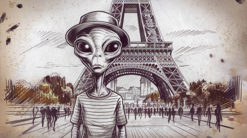 a drawing of an alien tourist with a Eiffel tower and a crowd in the background