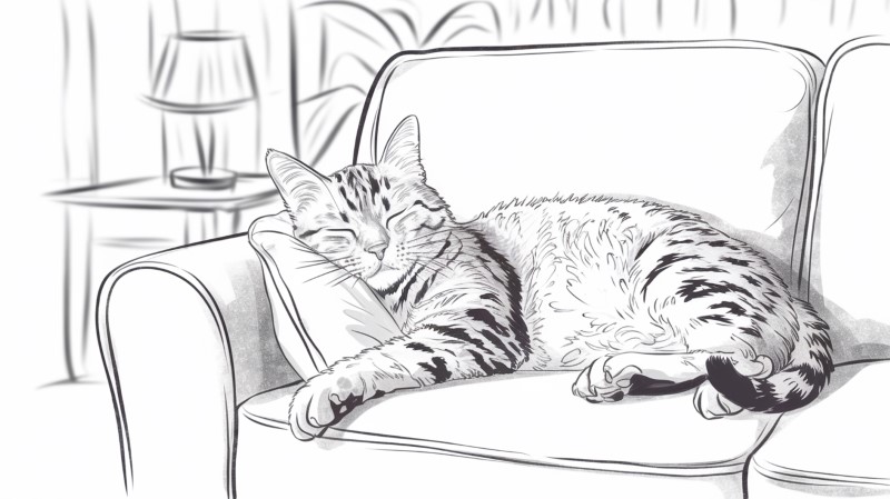 a sketch of a cat sleeping on a sofa