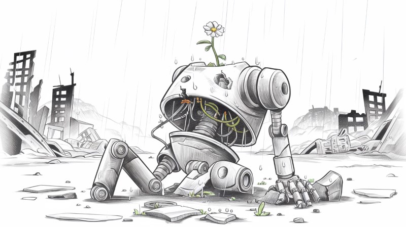 sketch of a broken robot with a flower growing on it under the rain in an apocalyptic setting